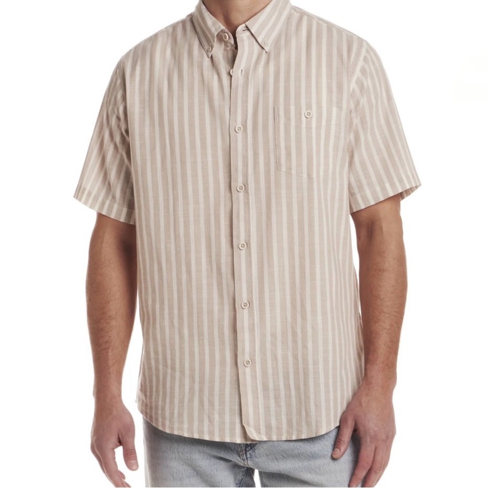 NWT Frontier Threads XL Beige Stripe Short Sleeve Button‎ Down Shirt Mens